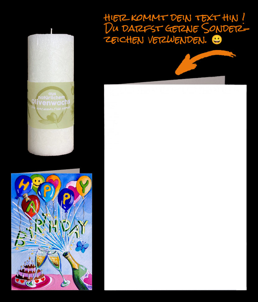 Ein kleines Geschenk zum Geburtstag mit einer nachhaltigen Olivenkerze und einer Geburtstagskarte Happy Birthday. Farbige Luftballons mit 2 Sektgläsern und Sektflasche und einer Geburtstagstorte. Persönlicher Text in der Geburtstagskarte und die Olivenkerze wird durch uns versendet.