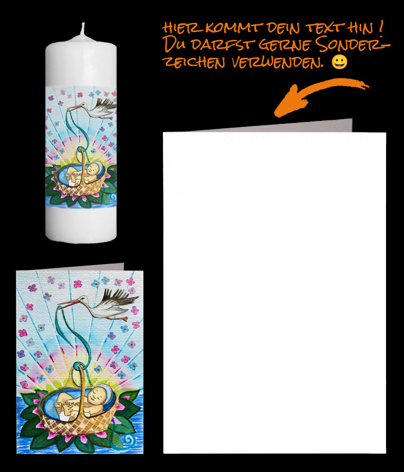 Storch zur Geburt mit Baby im Bastkorb. Die Geburtskarte mit Deinen persönlichen Worten / Glückwünschen und die passende Fotokerze mit dem gleichen Bild versenden wir für Dich gerne.