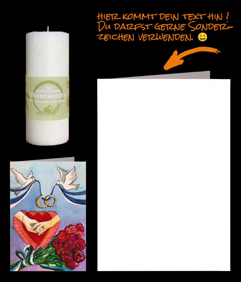Kleines Hochzeitsgeschenk. Persönliche Glückwünsche in der Hochzeitskarte und eine nachhaltige Olivenkerze. Die Wünsche können in die Hochzeitskarte geschrieben werden. Wir versenden für Dich