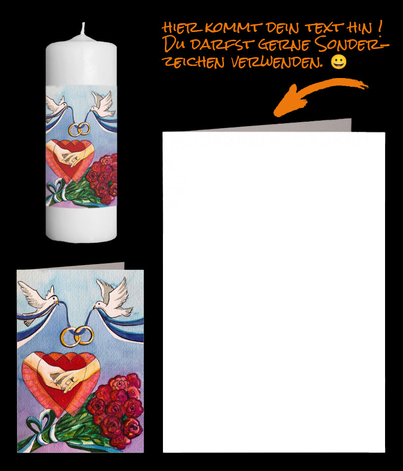 Zum Versenden: Kleine Hochzeitskerze mit Tauben und Ringen, Doppelherz und einem Rosenstrauss. Händchen halten. Hochzeitskarte mit Tauben und Ringen, Doppelherz und Rosenstrauss, Händchen halten.