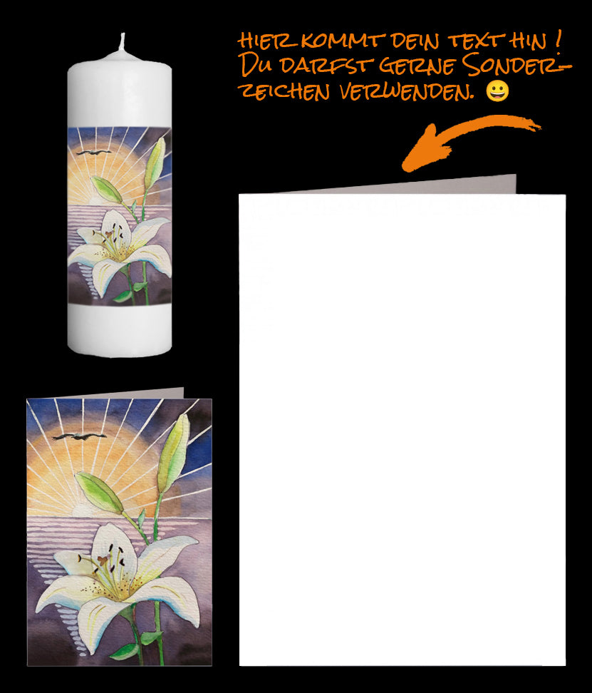 Wir versenden: Deine tröstenden, einfühlsamen Worte in der Trauerkarte "Sonnenuntergang mit Lilie" und eine Trauerkerze mit dem gleichen Motiv zur Trauerverarbeitung