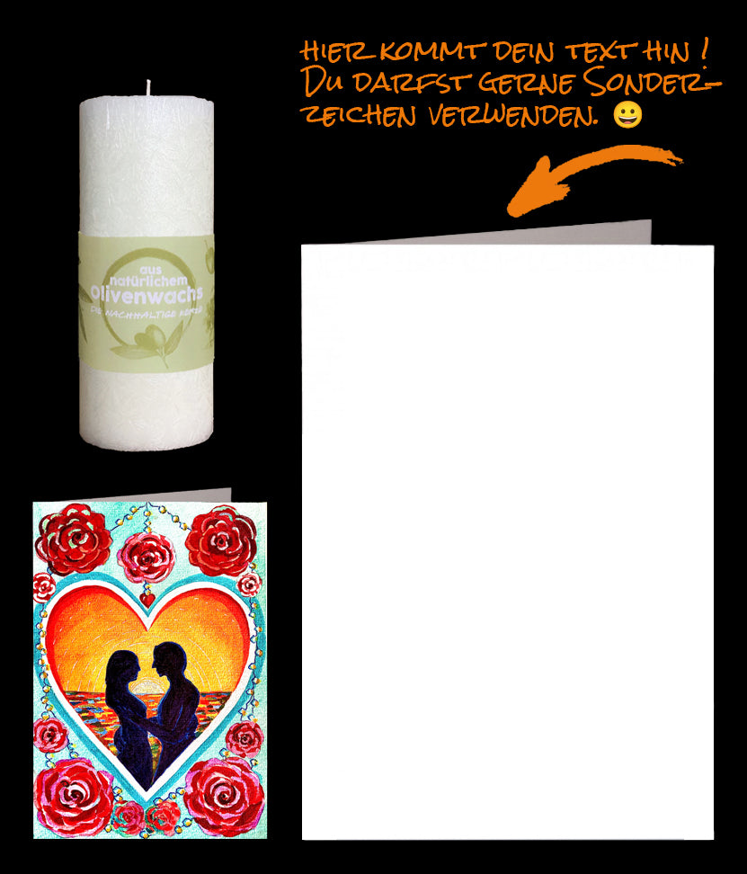 Liebeskerze aus Olivenwachs und eine romantische Liebe Grusskarte. Wir versenden diese mit Deinem Text an Deinen Schatz.