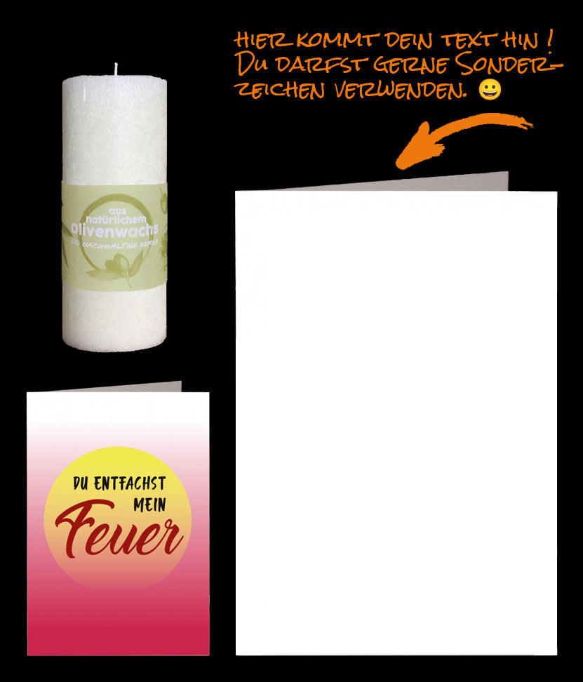 Feuer der Liebe. Liebeskarte "Du entfachst mein Feuer" mit nachhaltiger Olivenkerze Feuer der Liebe.