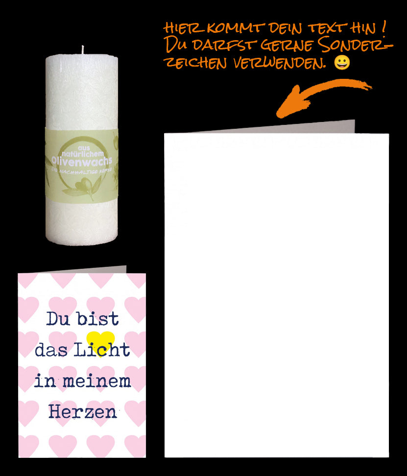 Liebe verschenken, Licht verschenken, Herz verschenken. "Du bist das Licht in meinem Herzen". Wer hört diesen Spruch nicht gerne. Licht ist Leben und Liebe und wenn es dann auch noch aus Deinem Herzen kommt, verschenkst Du das perfekte kleine Geschenk mit Deinen persönlichen Worten in der Spruchkarte.Kleines Geschenk für die Liebe, als Dankeschön, Valentinstag, Muttertag.