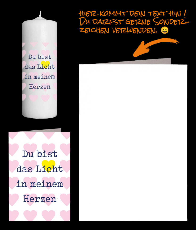 Du bist das Licht in meinem Herzen. Dieser Spruch auf der Fotokerze und Grusskarte sagt es mit viel Liebe. Kleines Geschenk zum Versenden an Deine Freunde
