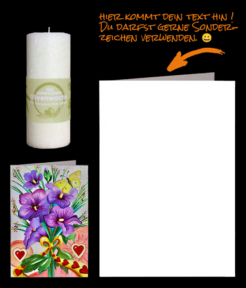 Beschenke wieder einmal Deine Freunde mit einer nachhaltigen Olivenkerze und Deinem persönlichen Text in der Grusskarte "Valentinstag, Muttertag. Set: nachhaltige Olivenkerze 160/60 mm mit persönlicher Grusskarte Blumenstrauss und Zündhölzer. Geschenk für Freunde, Muttertag, Valentinstag