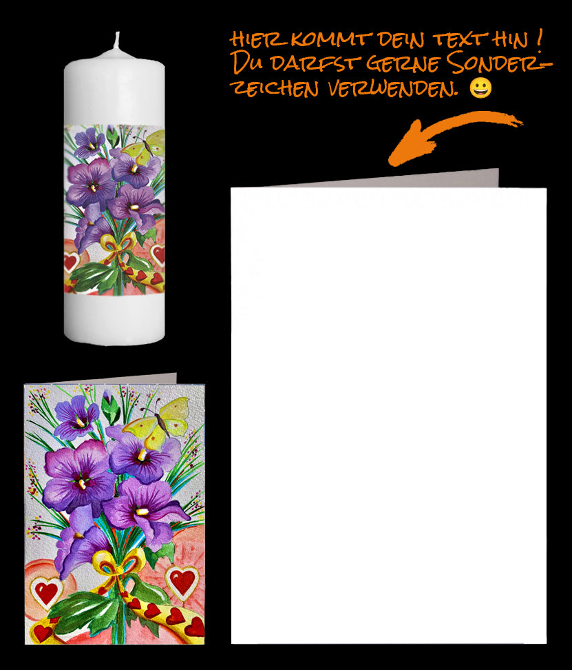 Blumenstrauss mit Herzen auf einer Fotokerze und persönlicher Grusskarte. Geeignet für Valentinstag, Muttertag, Freundschaften pflegen.