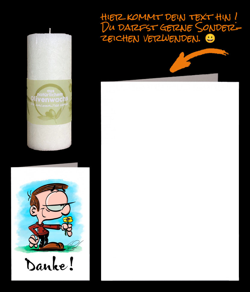 Hast Du "kleine Dankes Geschenke" gesucht, bist Du hier genau richtig. Mit der nachhaltigen Olivenkerze Karikatur "Mann mit Blume" und der persönlichen Grusskarte mit Deinem Text findet dieses kleine Dankes Geschenk sicher gefallen. Kleines Danke Geschenk für: Danksagung, Muttertag, versenden.
