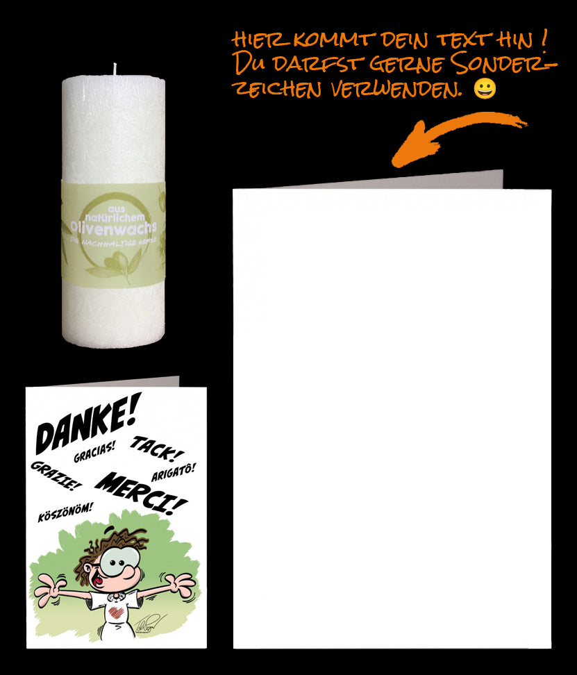 Nachhaltige Kerze aus Olivenwachs und eine Dankeskarte in verschiedenen Sprachen Danke - Merci - Grazie. Wir versenden für Dich Deinen Text in der Karte und die Kerze an Deine Freunde.