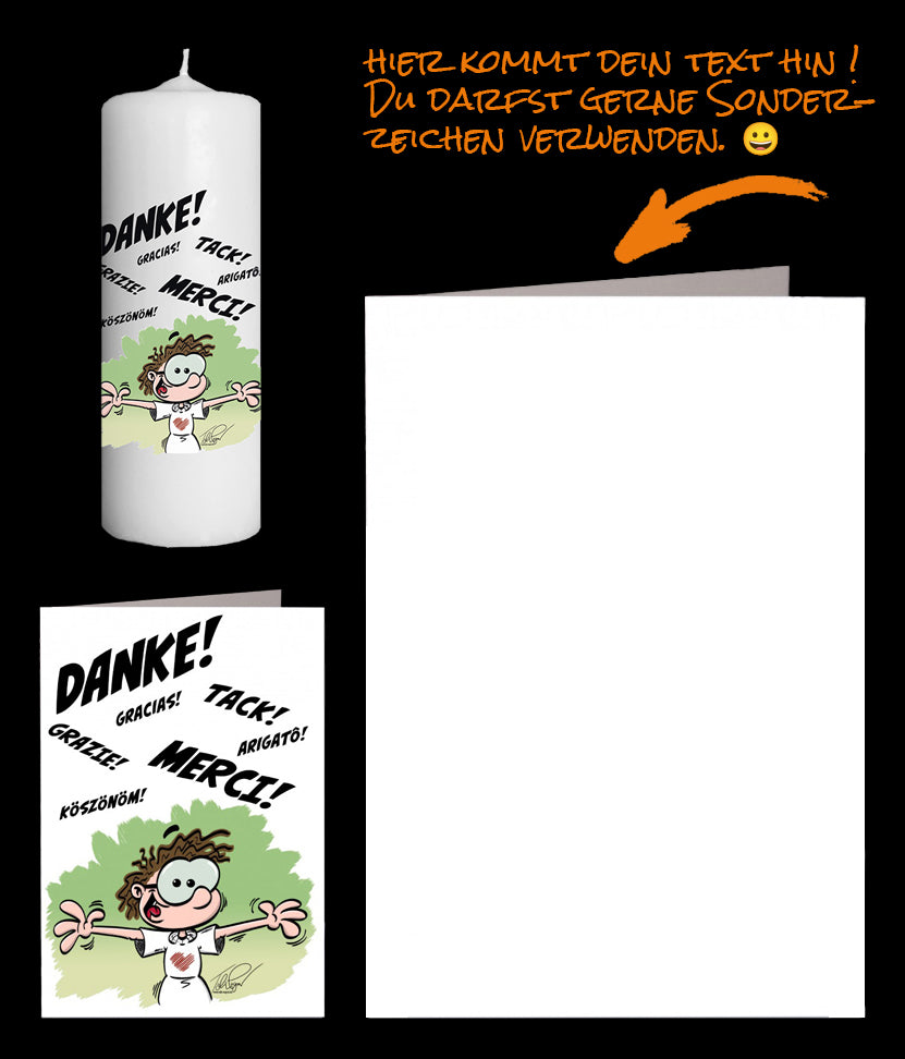 Mann mit Umarmung sagt Danke, Merci, Grazie und in anderen Sprachen auf der Dankeskarte und der Dankeskerze.