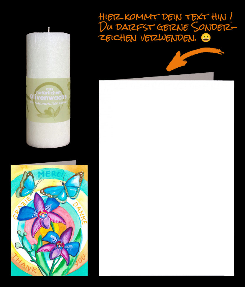 Wieder einmal Danke sagen mit nachhaltige Olivenkerze und Grusskarte "Blumen mit Schmetterlingen".Geschenk für: Valentinstag, Muttertag, Danksagung, Freundschaften pflegen