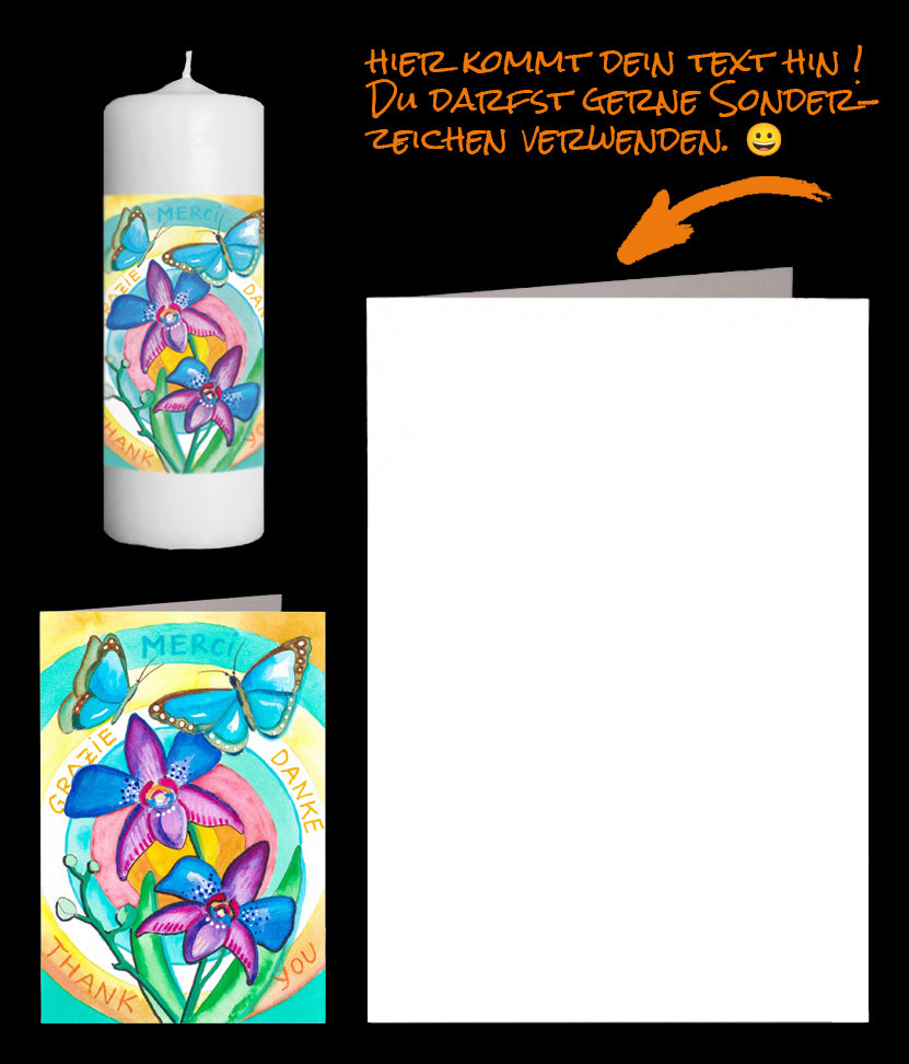 Blumenstrauss Schmetterlinge auf einer Fotokerze und persönlicher Grusskarte für Valentinstag, Muttertag, Danke sagen, Danksagung undFreundschaften pflegen.