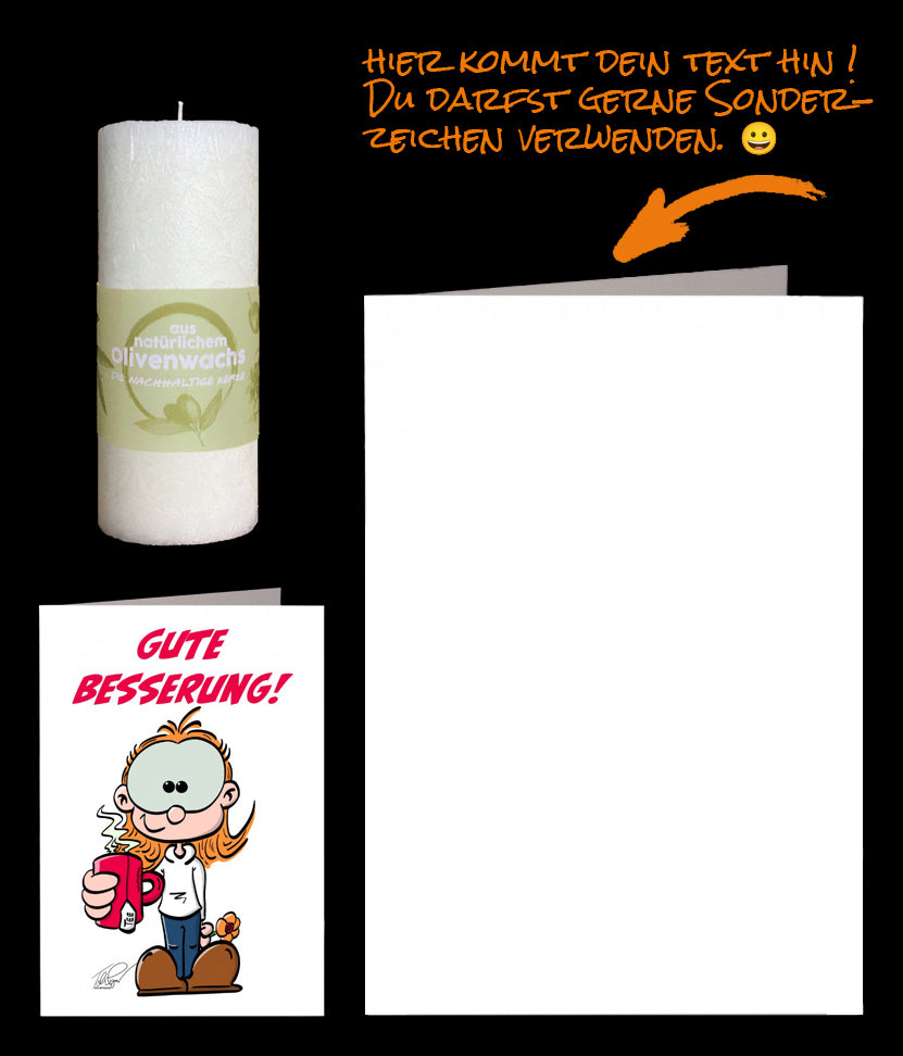 Geschenke zur Guten Besserung mit einer Kerze Licht der Hoffnung. Nachhaltige Olivenkerze mit Gute Besserungskarte: Karikatur Mann mit Teetasse