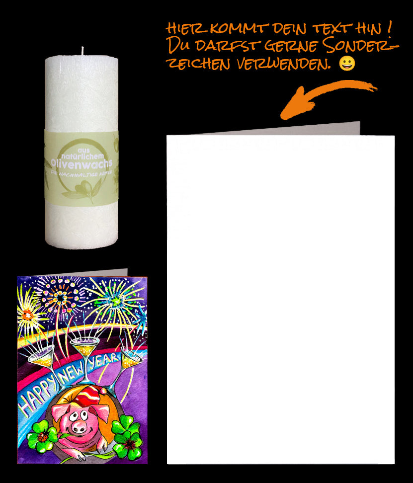 Nachhaltige Olivenkerzen, Kerze mit Neujahrskarte Happy New Year, Glücksschwein mit Kleeblättern, Sektgläsern und Feuerwerk, alles sehr farbig und dem Text Happy New Year