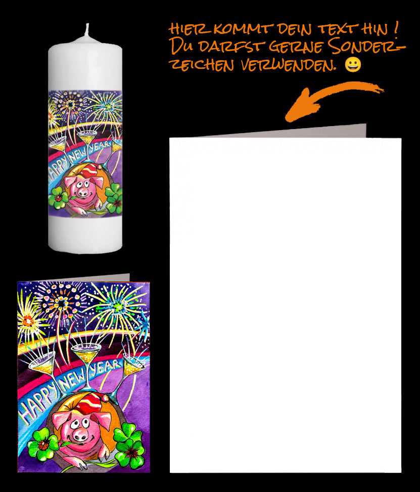 Neujahrskarte mit Glücksschwein, Sektgläser und Feuerwerk. Das gleiche Bild ist auf der Kerze.