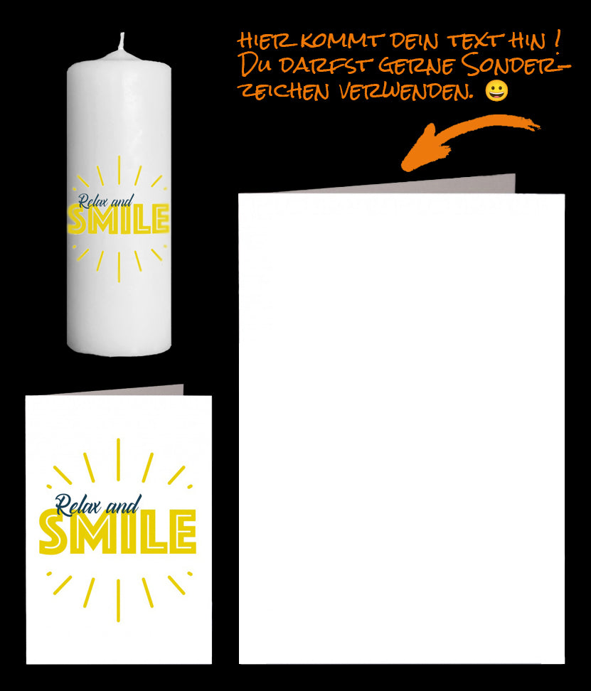 Anti Stress Set: Kerze Relax and Smile und Grusskarte Relax and Smile. Wir versenden das Paket für Dich.