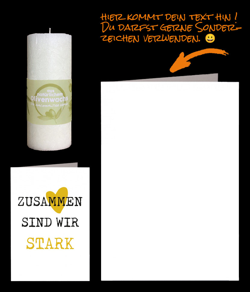 Zusammen sind wir stark. Starke Botschaft auf einer Grusskarte. Wir versenden diese mit einer Kerze aus Olivenwachs